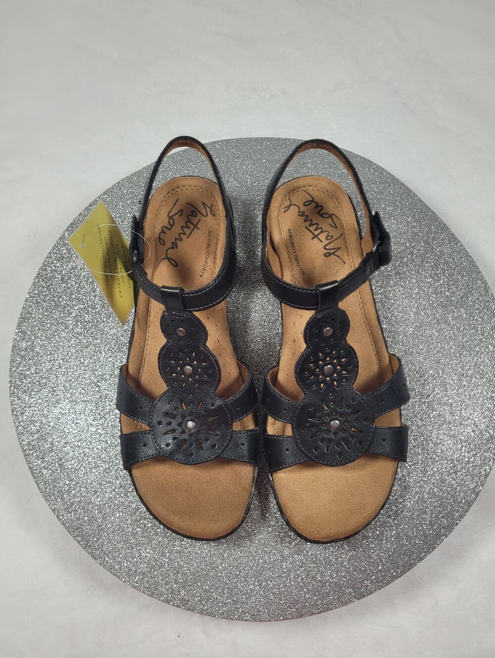 Natural Soul Barton Black Leather Slingback Sandals Laser Cut 9M New - Picture 8 of 12